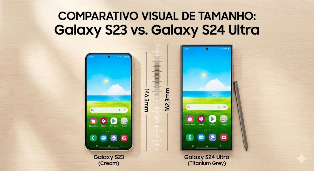 Diferença de tamanho Galaxy S23 vs S24 Ultra