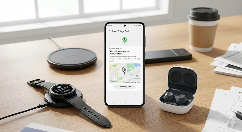 Ecossistema Galaxy Buds FE conectando com celular e relógio.