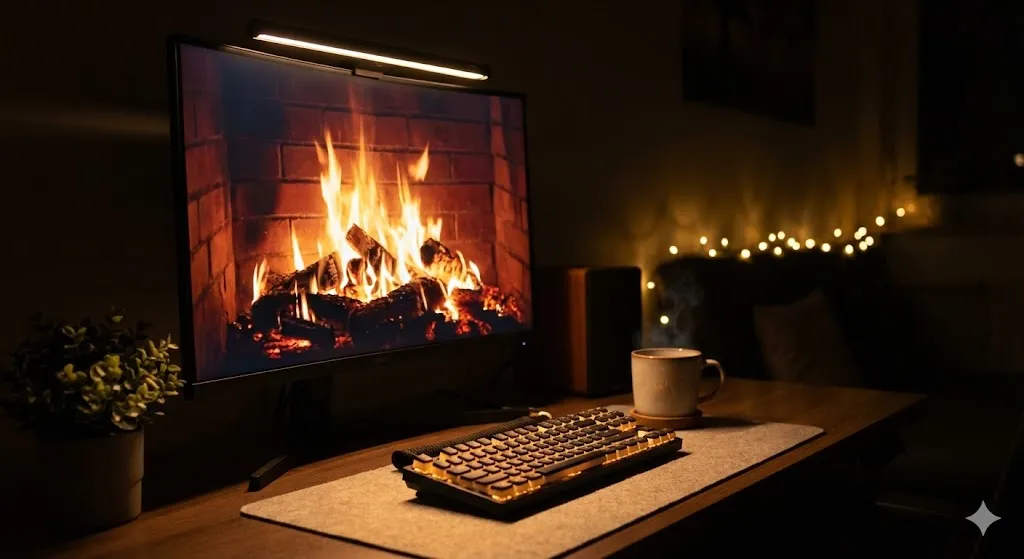 Setup noturno com screenbar monitor light bar iluminação escritório