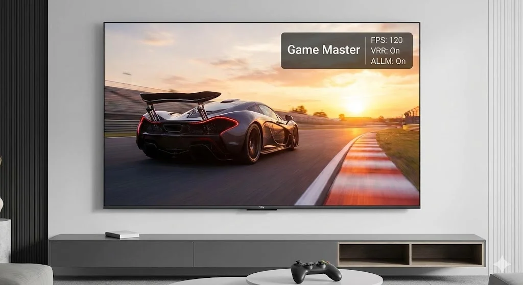 Interface Game Master da TV TCL C655 mostrando modo 120Hz ativo