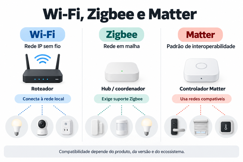 Comparação entre Wi‑Fi com roteador, Zigbee com hub coordenador e Matter com controlador.