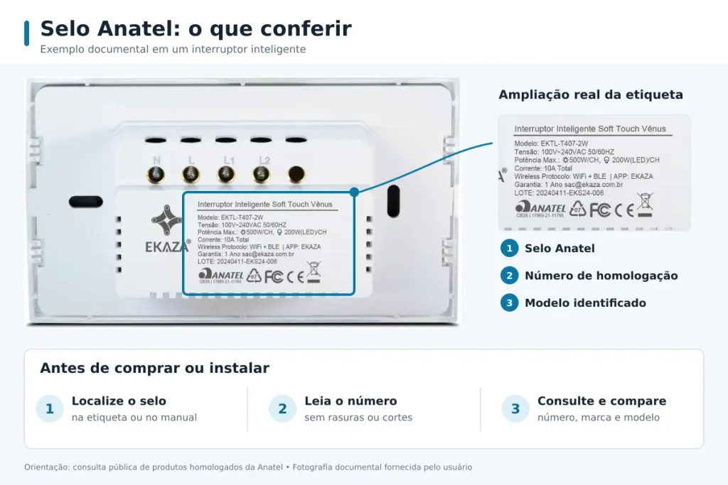 Etiqueta de um interruptor inteligente com destaque para o selo Anatel, número de homologação e modelo.