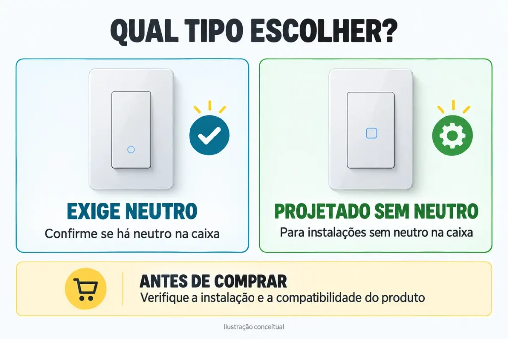 Comparativo conceitual entre interruptor inteligente que exige neutro e modelo projetado sem neutro.
