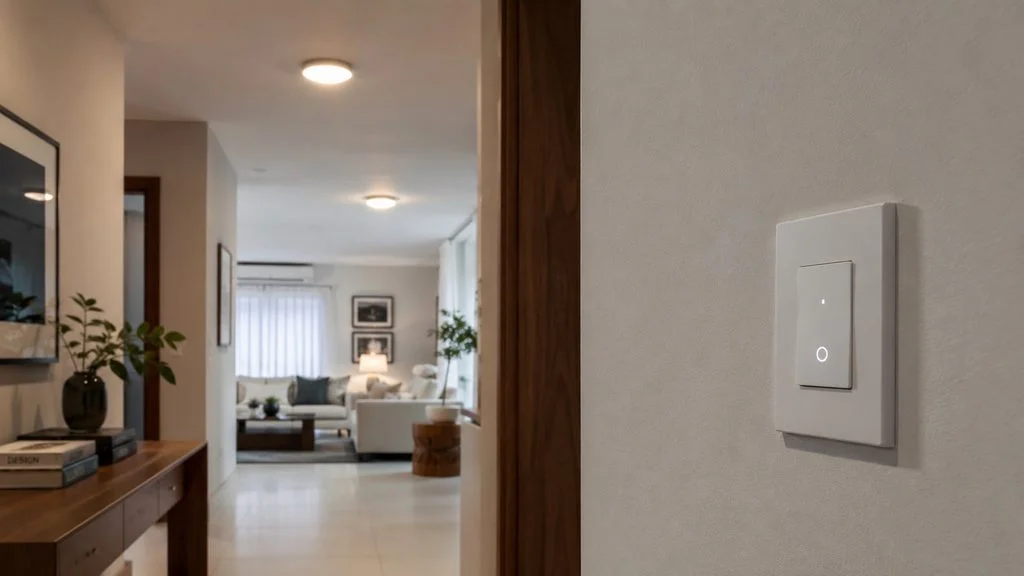 um interruptor inteligente instalado em parede, com botão físico visível.