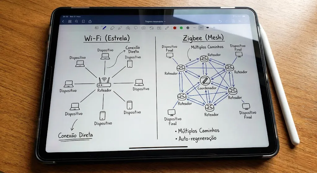Diagrama rede Mesh vs rede Estrela automação
