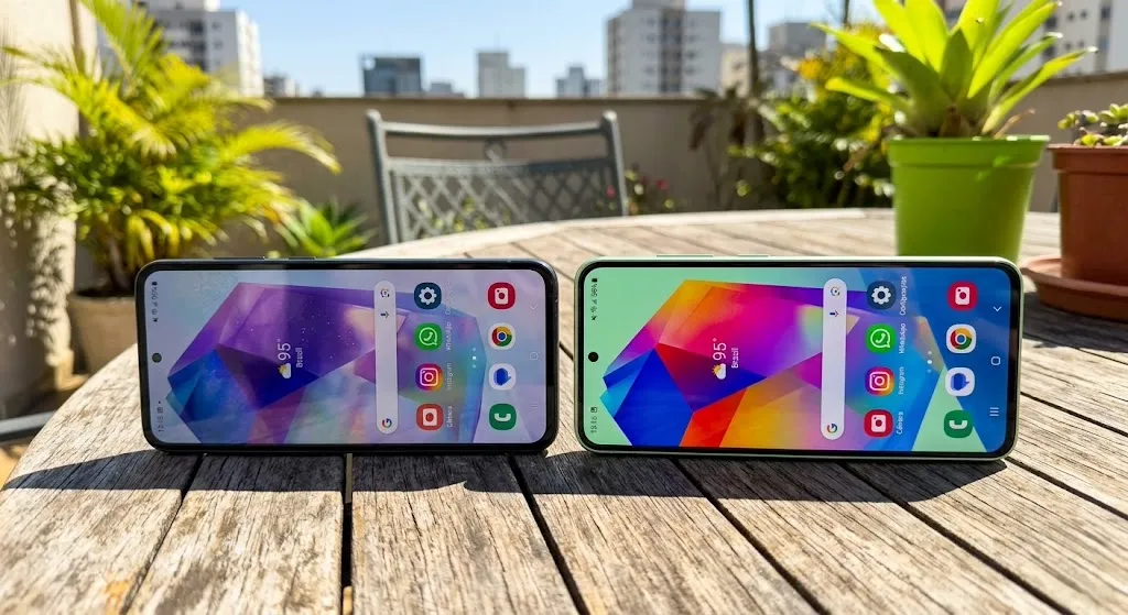 Comparativo de brilho de tela Galaxy A55 vs A56 sob sol forte