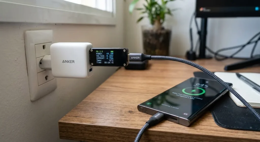 Teste de entrega real 45W carregador Samsung medidor USB-C