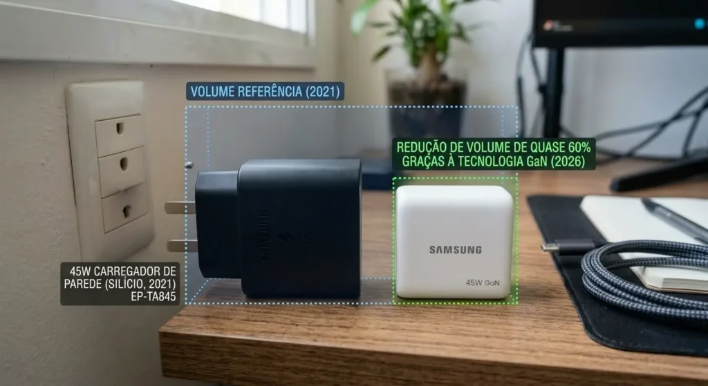 Comparativo tamanho carregador antigo silício vs carregador novo GaN 45W