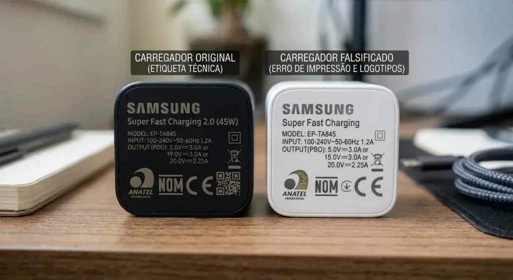 Diferença entre etiqueta de carregador Samsung original e falso