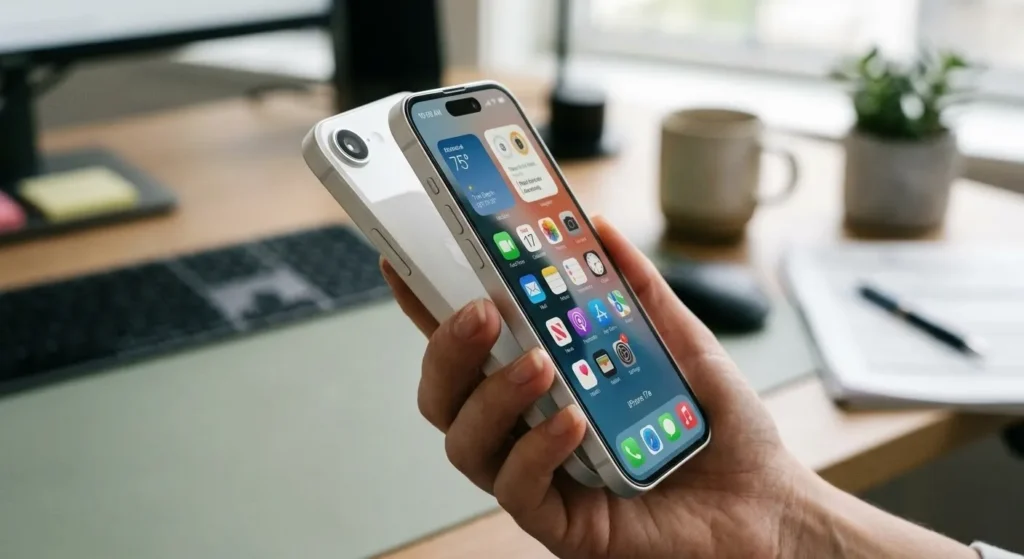 iPhone 17e na mão design moderno